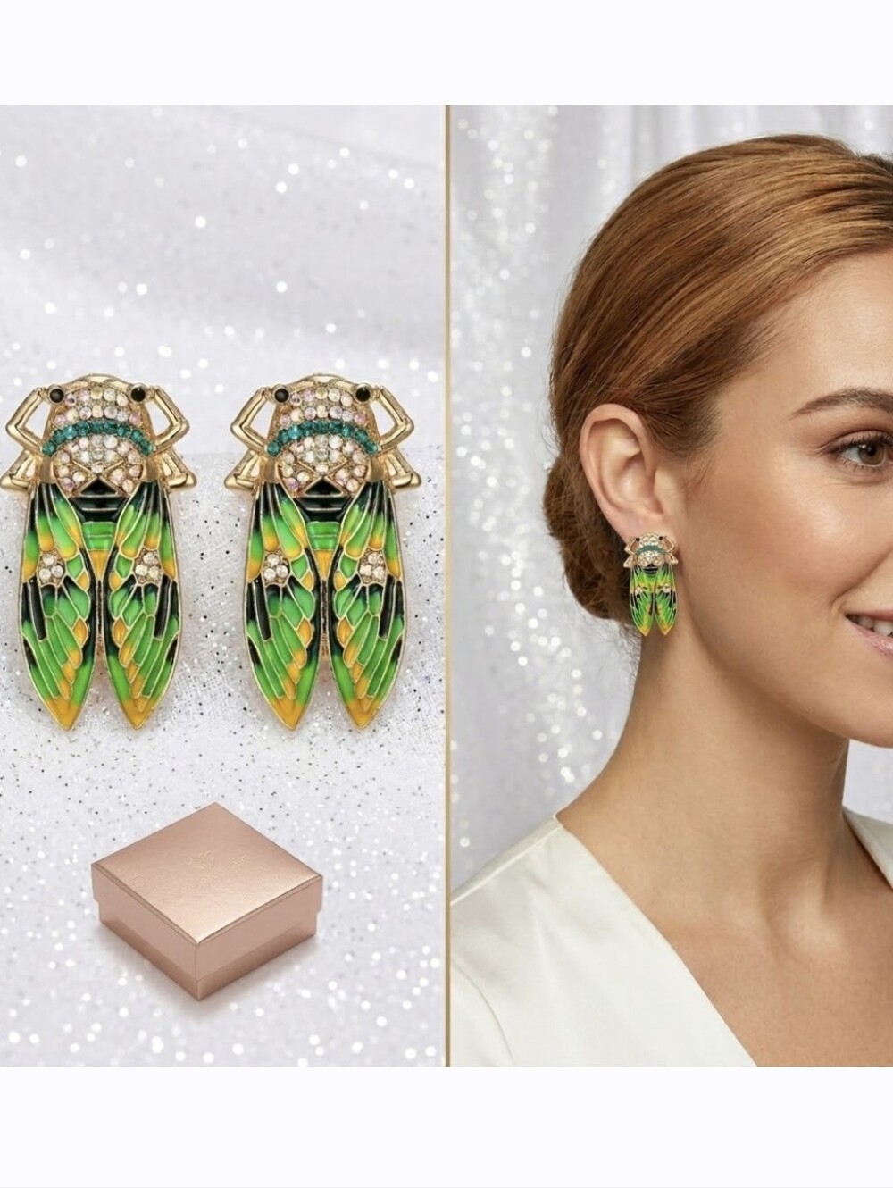 Gold Green Black & Yellow Crystal Cicada Earrings With Silver Posts